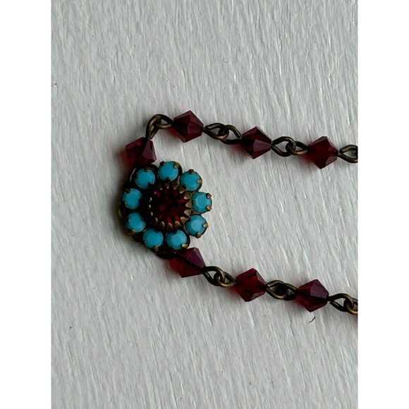 Vintage Liz Palacios BrassTone Red Blue Austrian Crystal Flower Necklace - Picture 3 of 9
